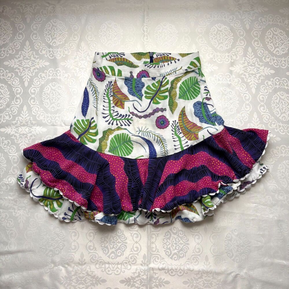 CeliaB Mini Skirt Tropical Funky Stripe Print Boho Ruffled Whimsical Size XS